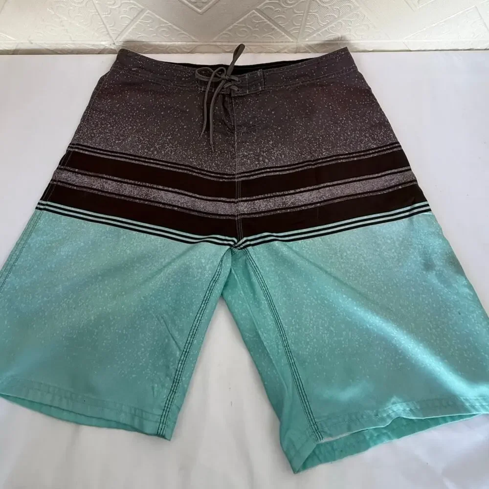 SKU2522 Burnside Men Size 34 Gray Aqua Striped Board Shorts with Surf Wax Comb